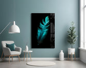 Green Feather glass wall art styled above a bed in a coastal-palette bedroom