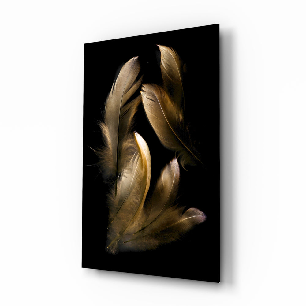Tan Feather glass wall art displayed above a console in a designer interior