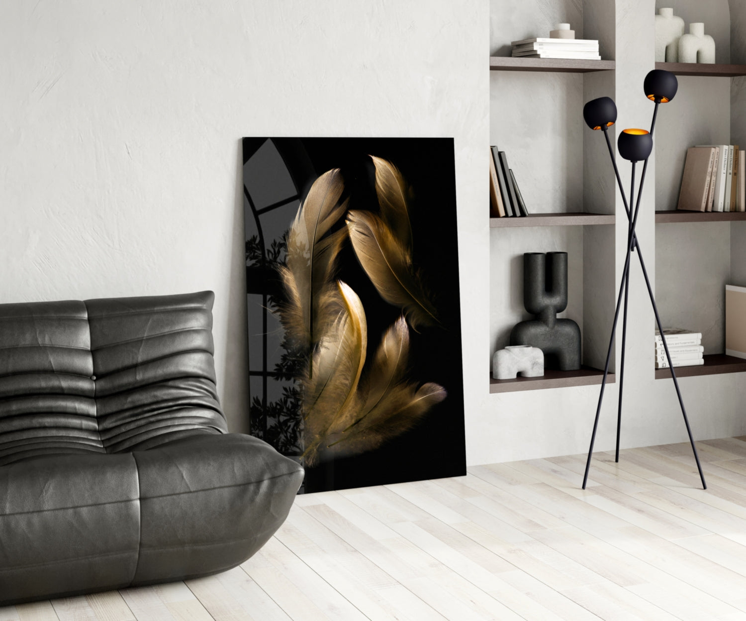 Tan Feather Glass Wall Art.