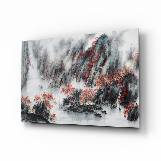 Japanese Drawing glass wall art displayed above a console in a designer interior