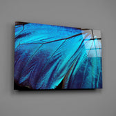 Blue morpho macro panel bringing jewel-tone shimmer to a contemporary living space