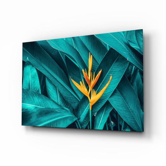 Tropical Leaf 3 glass wall art displayed above a console in a designer interior