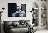 Woman Portrait 9 glass wall art styled above a desk in an avant-garde study