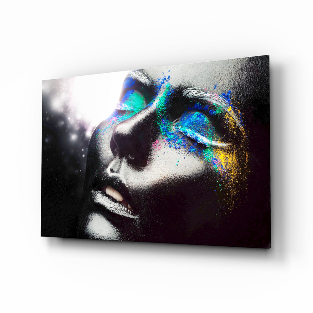 Female Portrait 10 glass wall art displayed above a console in a designer interior