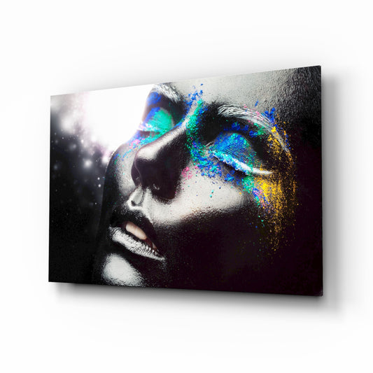 Female Portrait 10 glass wall art displayed above a console in a designer interior