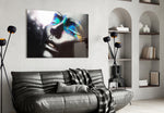 Female Portrait 10 glass wall art styled above a bed in an editorial bedroom