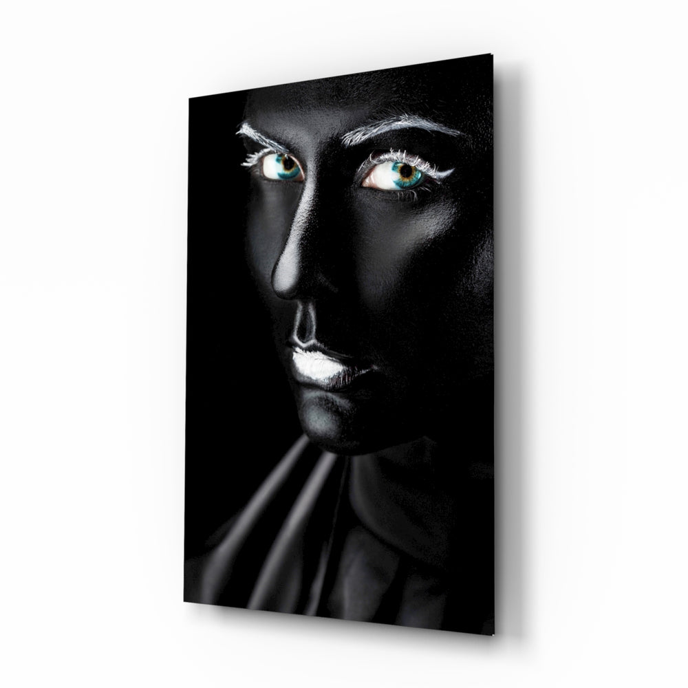 Female Portrait 11 glass wall art displayed above a console in a designer interior