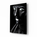 Female Portrait 11 glass wall art displayed above a console in a designer interior