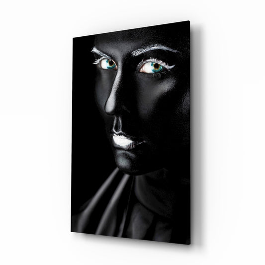 Female Portrait 11 glass wall art displayed above a console in a designer interior