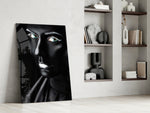 Female Portrait 11 glass print enhancing a high-contrast hallway