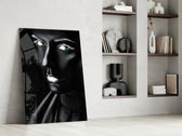 Female Portrait 11 glass print enhancing a high-contrast hallway