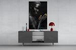 Woman artwork anchoring a lounge with metallic accents