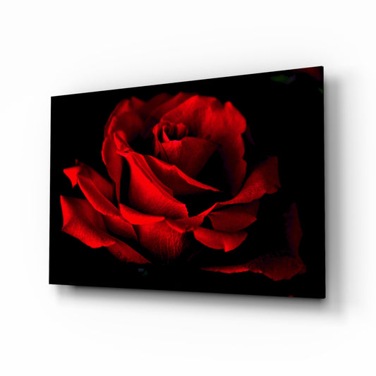 Red Rose glass wall art displayed above a console in a designer interior