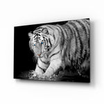 Tiger of the Bengal glass wall art displayed above a console in a designer interior