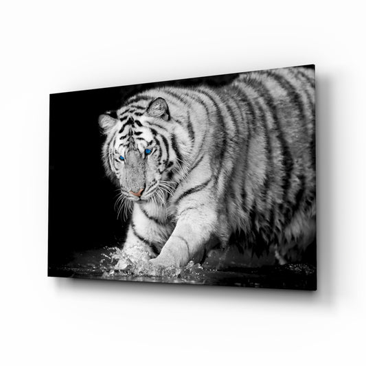 Tiger of the Bengal glass wall art displayed above a console in a designer interior