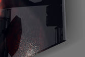 Woman artwork anchoring a hallway with after-dark palette