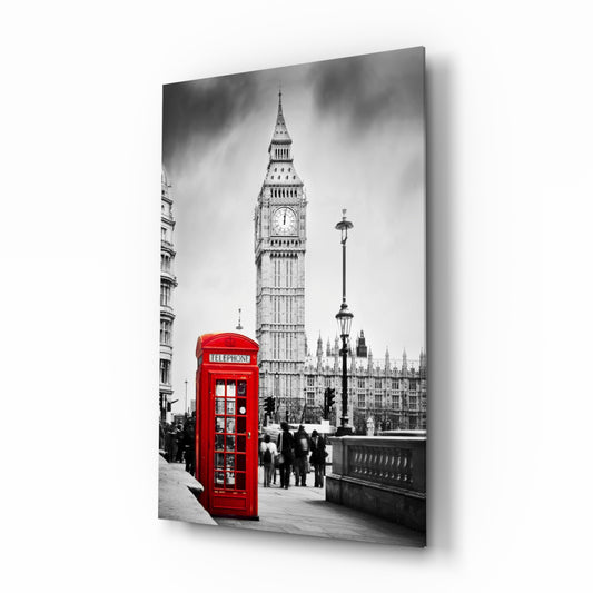 Phone Box glass wall art displayed above a console in a designer interior