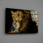 Crouched leopard panel bringing predator stillness to a contemporary living space