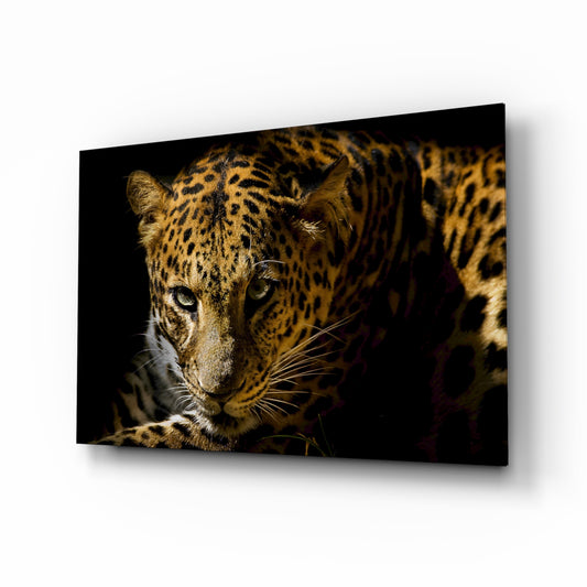 Leopar glass wall art displayed above a console in a designer interior