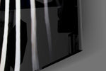 Zebra artwork anchoring a library with monochrome palette