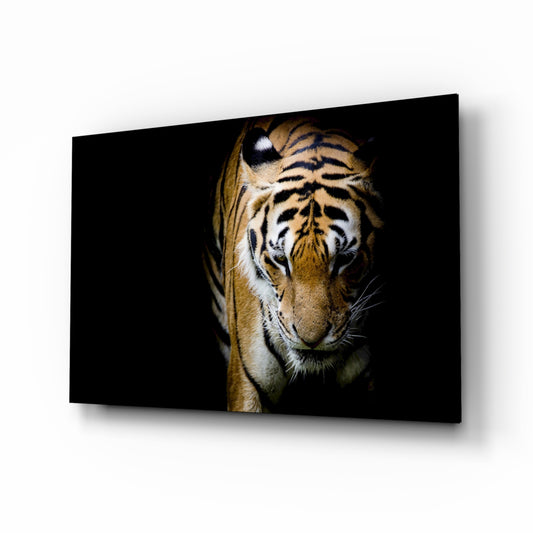 Tiger glass wall art displayed above a console in a designer interior