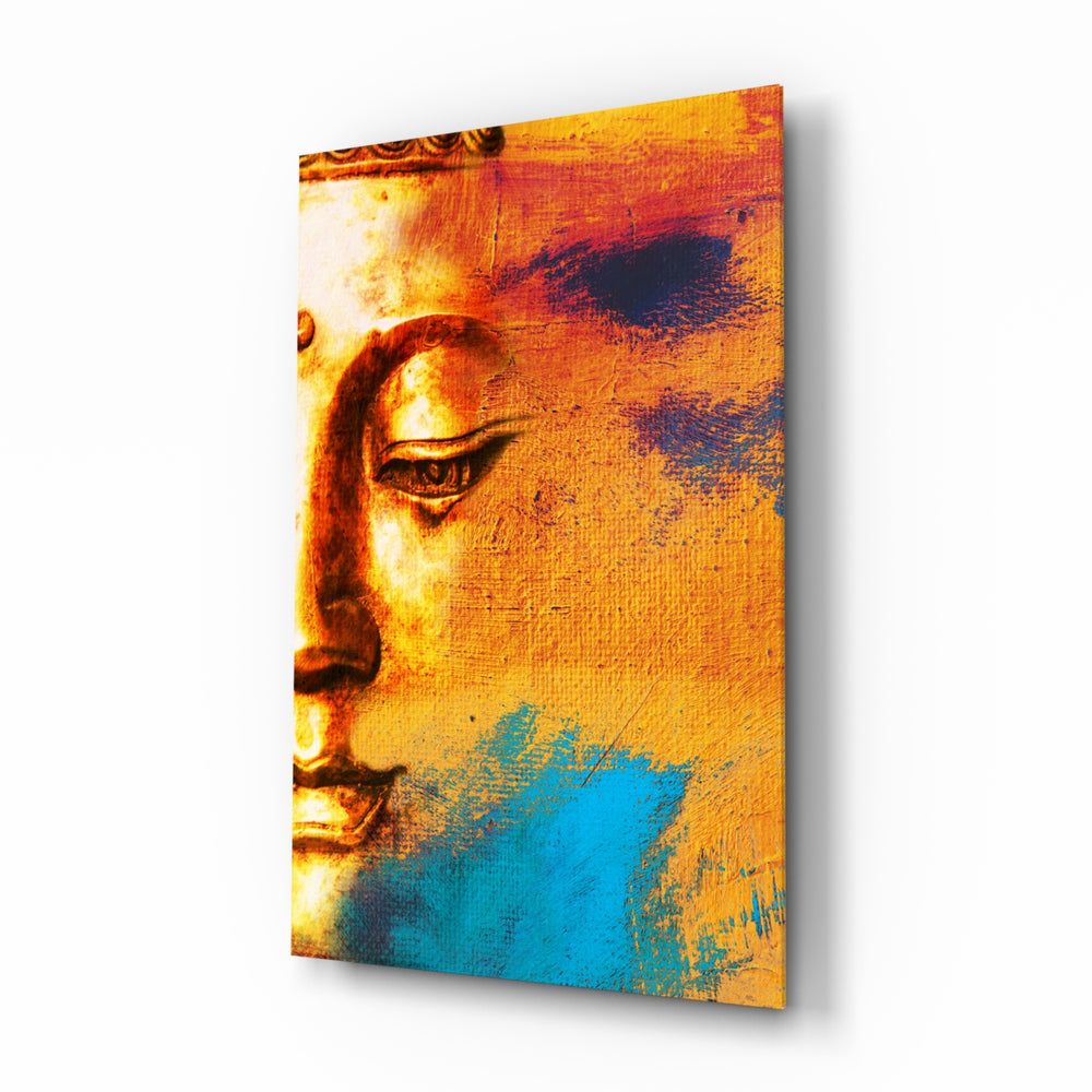 Buddha Portrait glass wall art displayed above a console in a designer interior