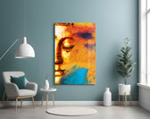 Buddha Portrait glass wall art styled in a meditation room