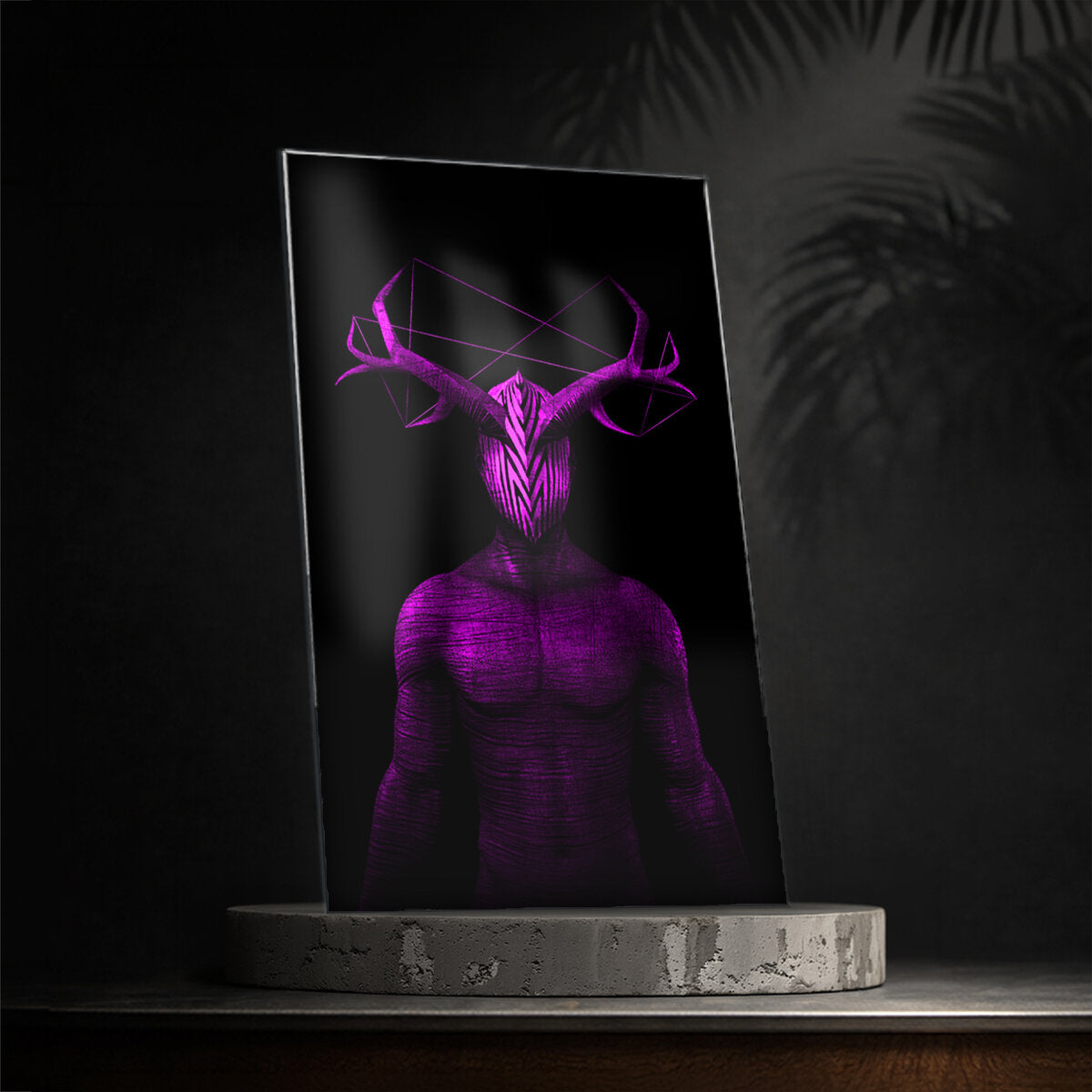 Donnie Purple Glass Wall Art — Magenta Antlered Mask Sentinel