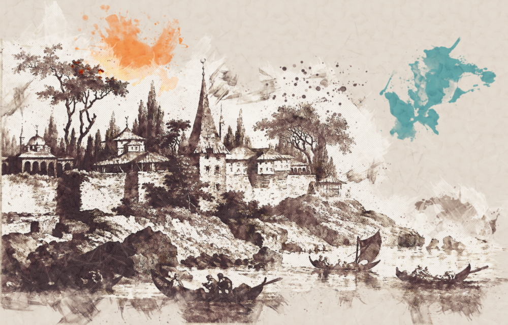 Poplar Palace Illustration Glass Wall Art