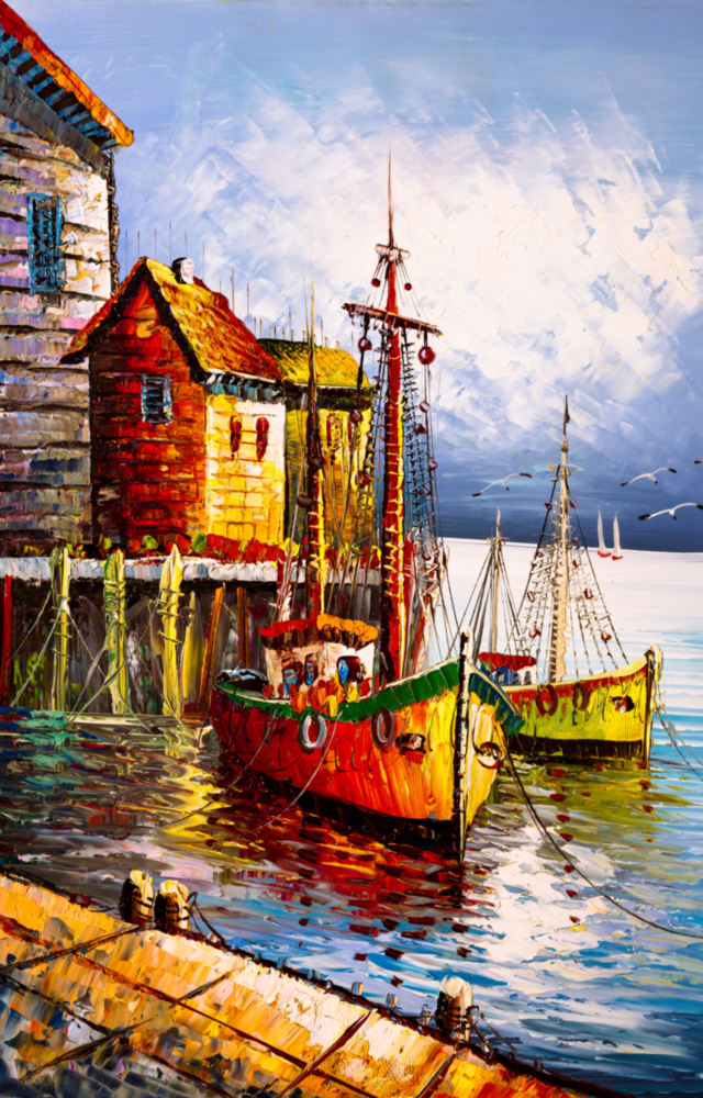 Boats on the Shore Glass Wall Art