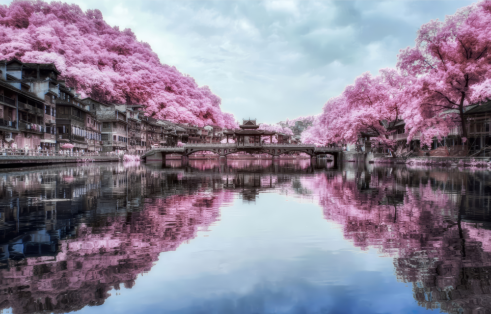 Pink Landmarks Pink Landscape Glass Wall Art — Cherry Blossom Canal Town Reflection ...