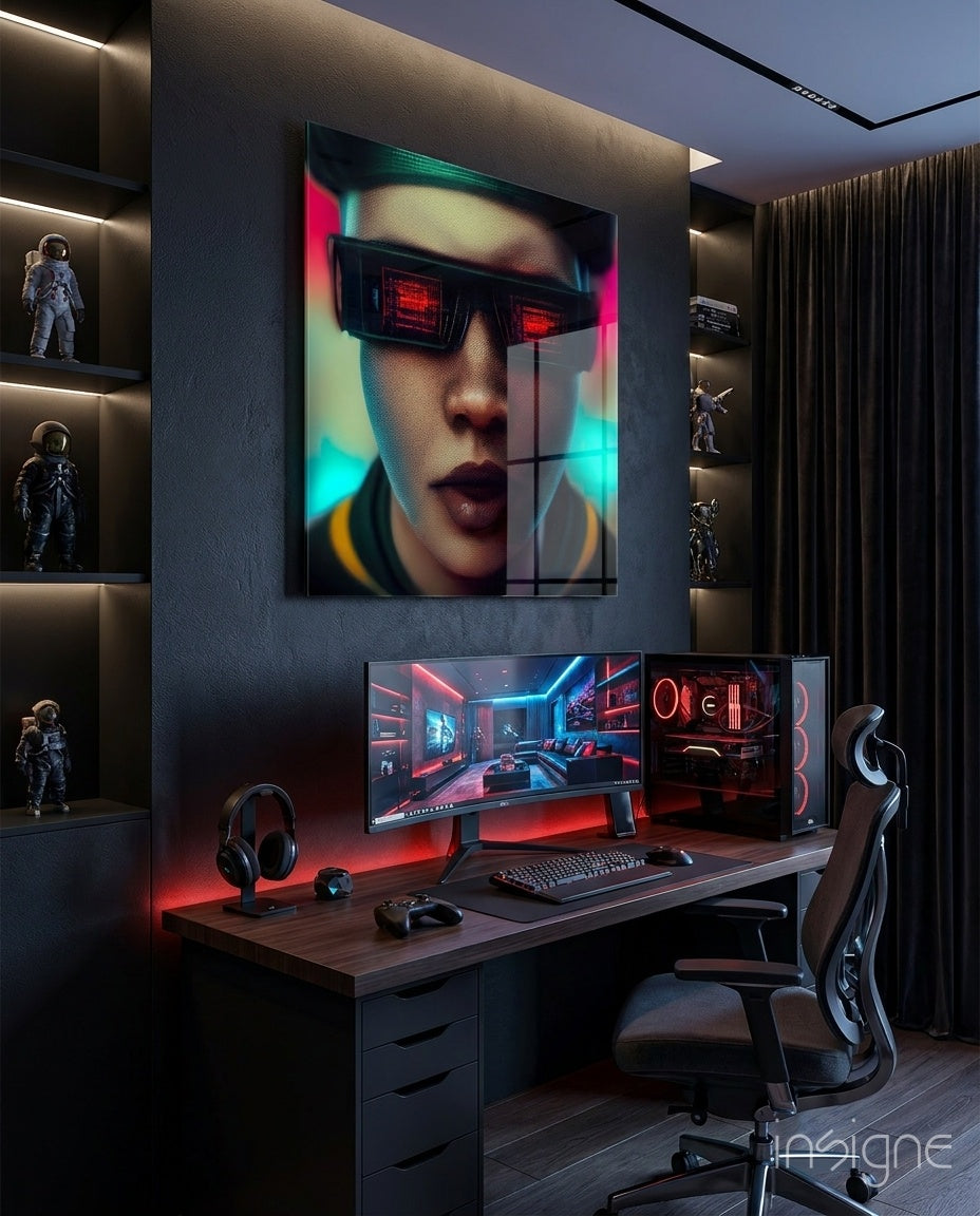 Virtual Life Glass Wall Art  || Designer Collection - Lifestyle preview in a designer interior