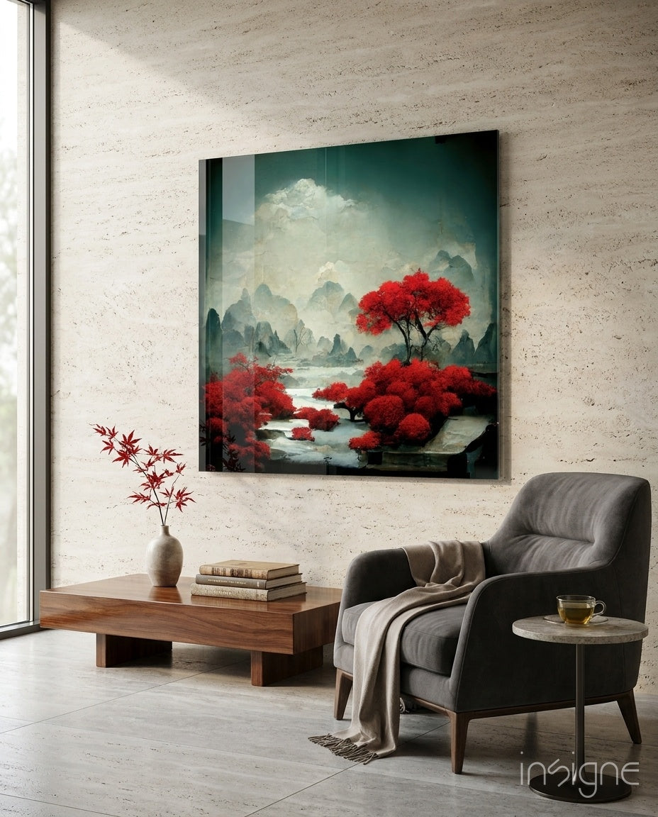Red Forest Glass Wall Art  || Designer Collection - Lifestyle preview in a designer interior