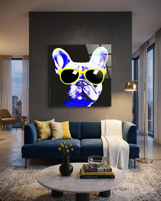 Cool Dog Glass Wall Art  || Designers Collection - Lifestyle preview in a designer interior