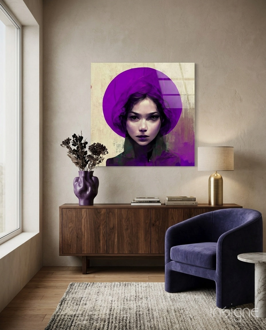 Purple Hat Glass Wall Art  || Designer Collection - Lifestyle preview in a designer interior
