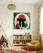 Geometric Elephant With Red Sunburst Glass Wall Art