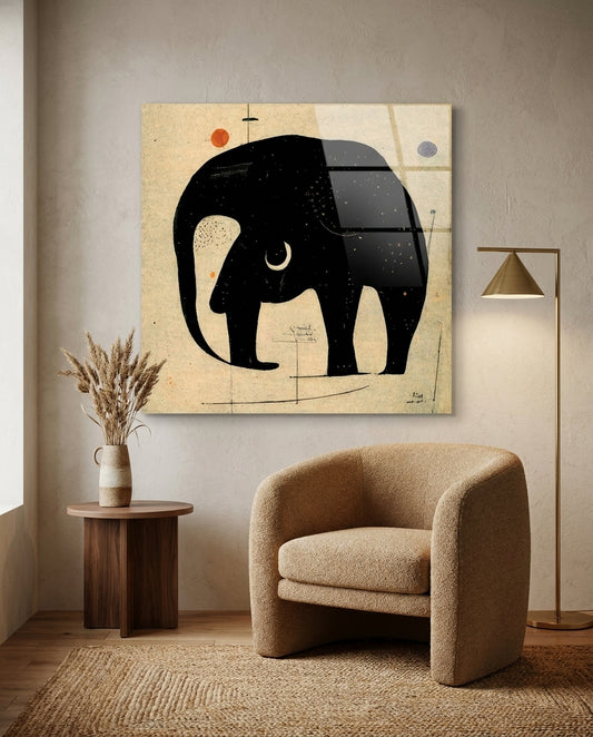 Minimalist Black Elephant On Beige Glass Wall Art