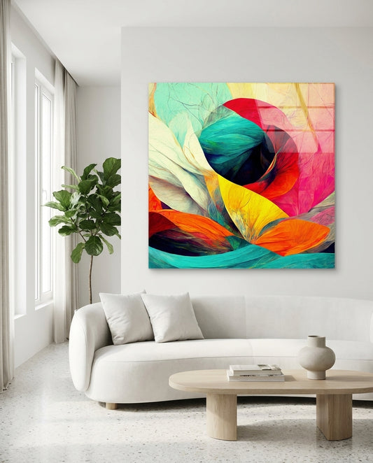 Turquoise and Orange Petal Bloom Glass Wall Art