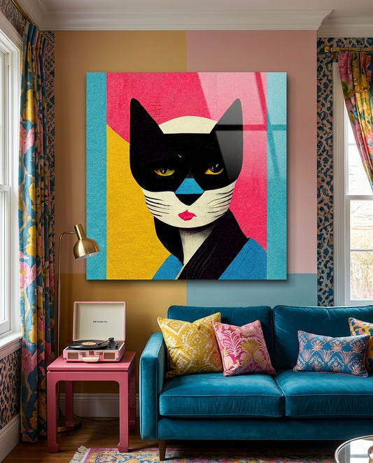 Black Masked Cat Pink Yellow Blocks Glass Wall Art