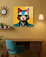 Retro Cat in Teal Dotted Jacket Glass Wall Art