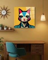 Retro Cat in Teal Dotted Jacket Glass Wall Art