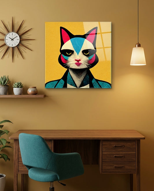 Retro Cat in Teal Dotted Jacket Glass Wall Art