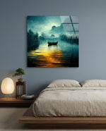 Misty Teal River Boat Golden Glow Glass Wall Art