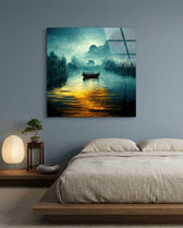 Misty Teal River Boat Golden Glow Glass Wall Art