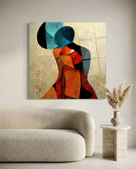 Cubist Teal Orange Embracing Couple Glass Wall Art