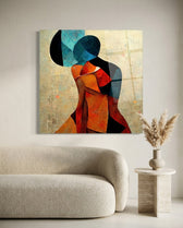 Cubist Teal Orange Embracing Couple Glass Wall Art