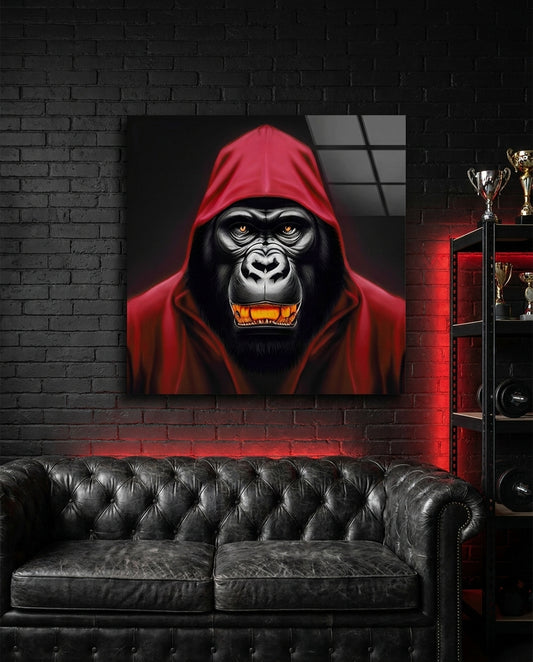 Red Hooded Gorilla with Gold Teeth Glass Wall Art