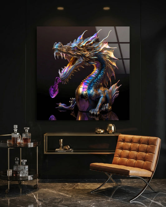 Chrome Dragon Breathing Purple Flame Glass Wall Art