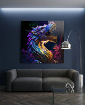 Neon Purple Dragon in Glowing Forest Glass Wall Art