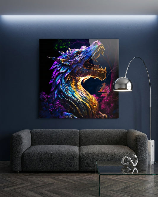 Neon Purple Dragon in Glowing Forest Glass Wall Art